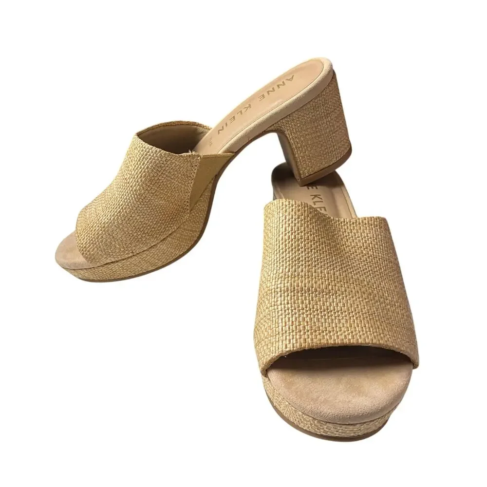 Anne Klein Payge Raffia Block Platform Heels Slip On Sandals 7.5 iFlex Stretch
